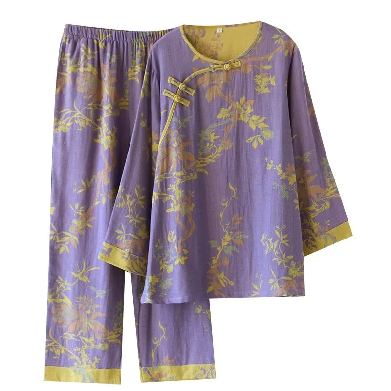 Women's Retro Long-sleeved Trousers Loungewear Set Yarn-dyed Double-sided Jacquard Thin Pajamas Round Neck Chinese Style Pijama