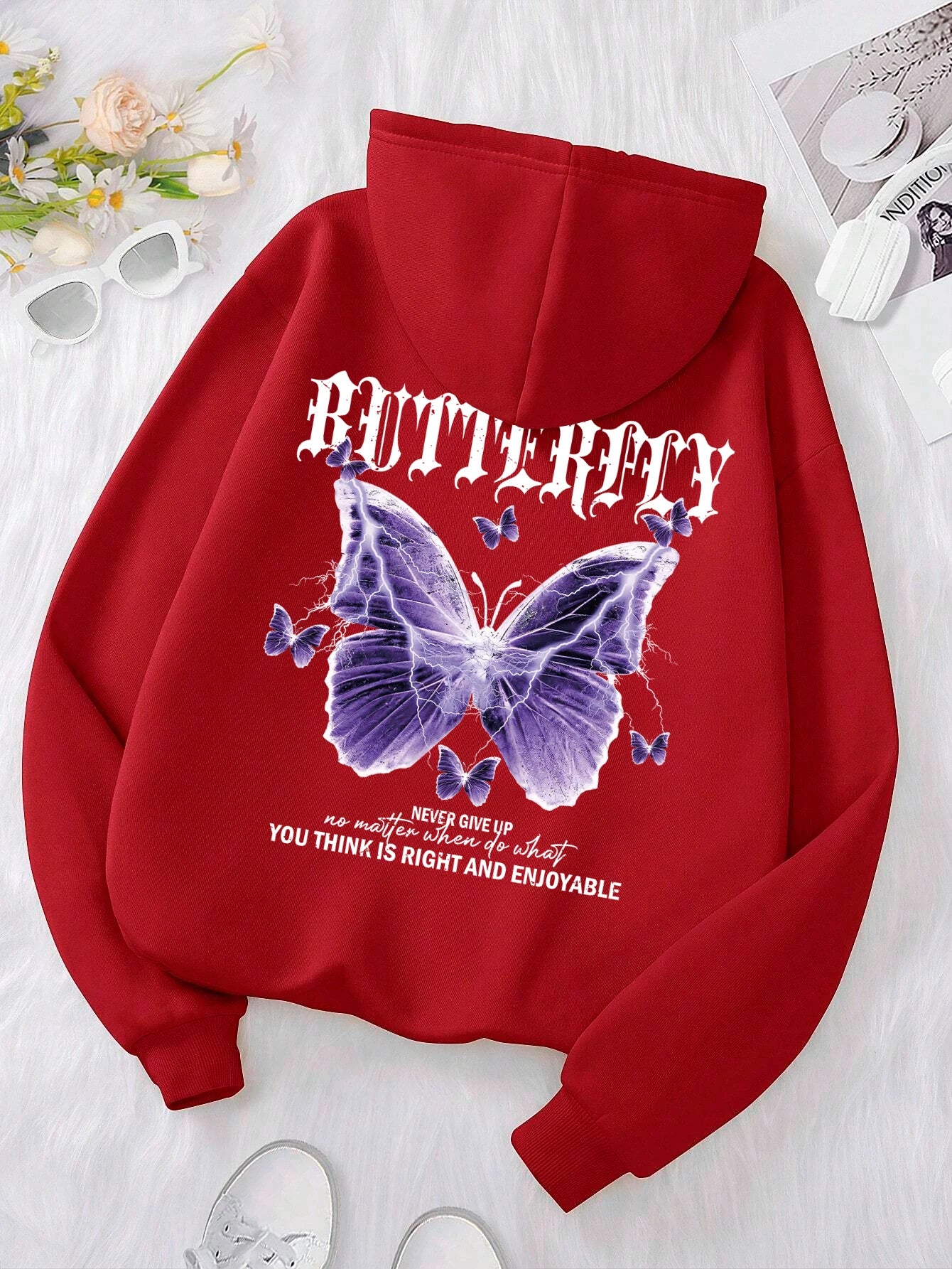 Beautiful Purple Butterfly Printing Hoodies Women Fleece Pocket Hoody Simple Casual Hoodie Autumn Loose Female Streetwear Red