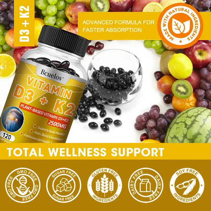 Vitamin D3 + K2 + B2 + B12, Vitamin Supplement for Immune, Heart, Joint, Dental & Bone Health - Easy to Absorb, 120 Capsules