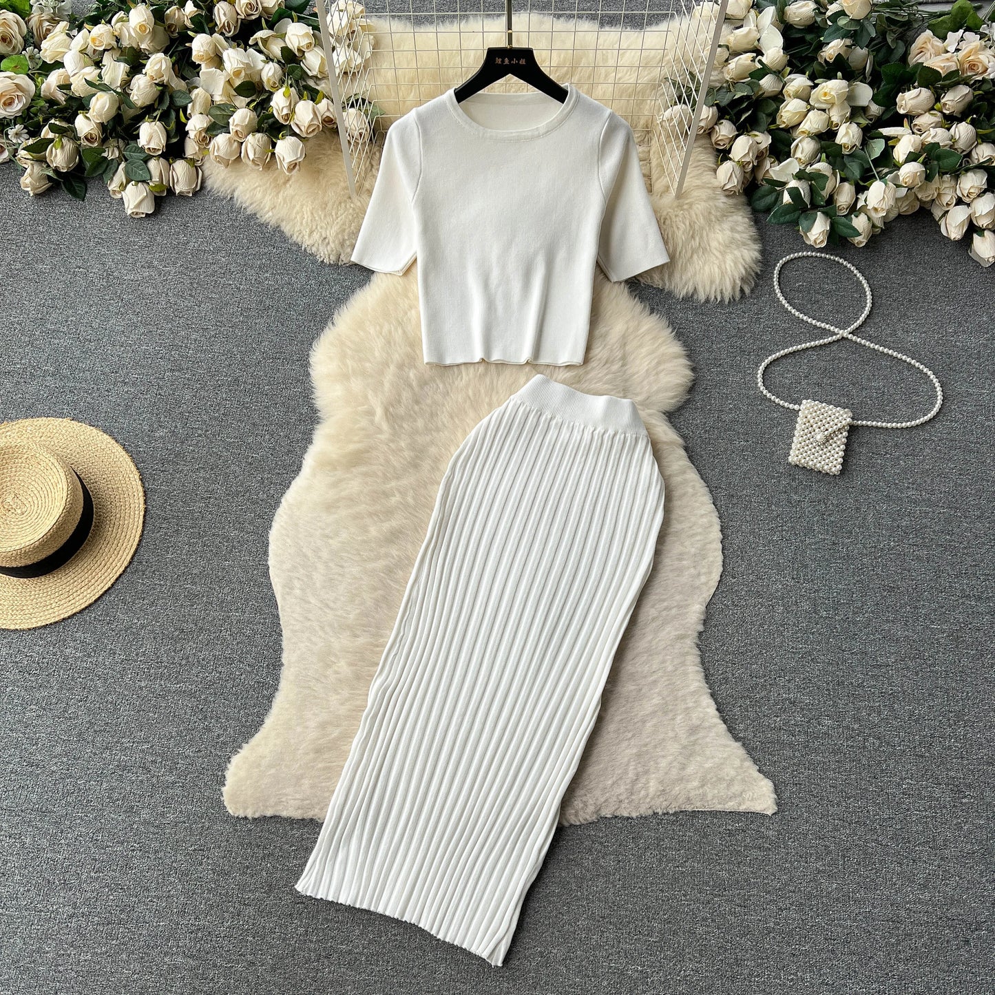 SINGREINY Casual Two Piece Sets Women Summer O Neck Top Elastic Waist Long Skirt Fashion Office Lady Korean Knit Suit