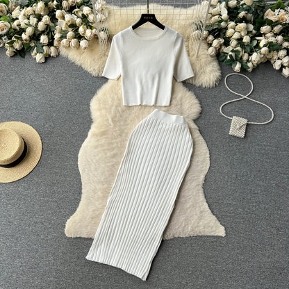 SINGREINY Casual Two Piece Sets Women Summer O Neck Top Elastic Waist Long Skirt Fashion Office Lady Korean Knit Suit