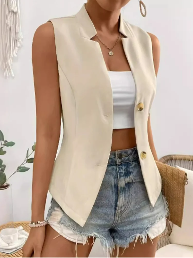 Solid Color Button Short Sleeved Sleeveless Lapel Women's Suit Jacket High Street Fashion Daily Elegant Summer Top