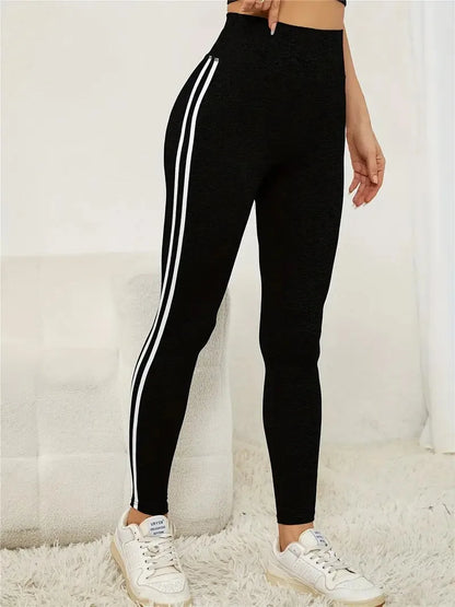 Women's High-waist Slimming Leggings Side Stripe Pattern Breathable Yoga Pants Sportswear Athletic Apparel