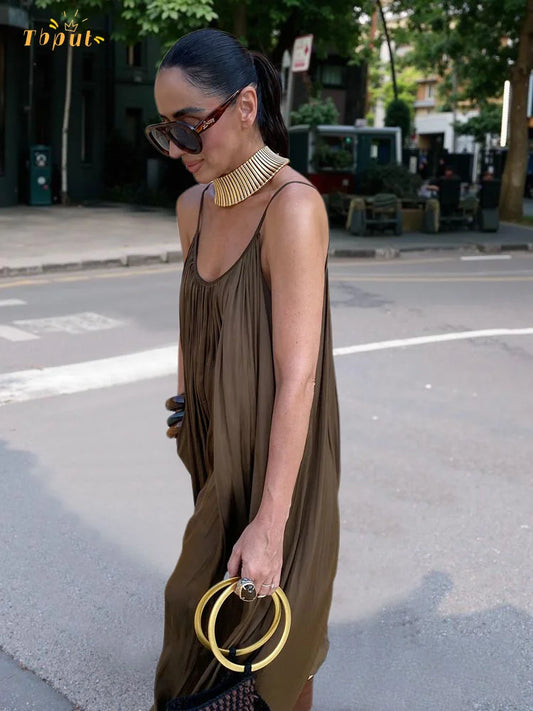 Fashion Solid Pleated Jumpsuit Women Chic Sleeveless U Neck Backless Loose Vacation Pants Set 2025 Summer Holiday Street Outfit