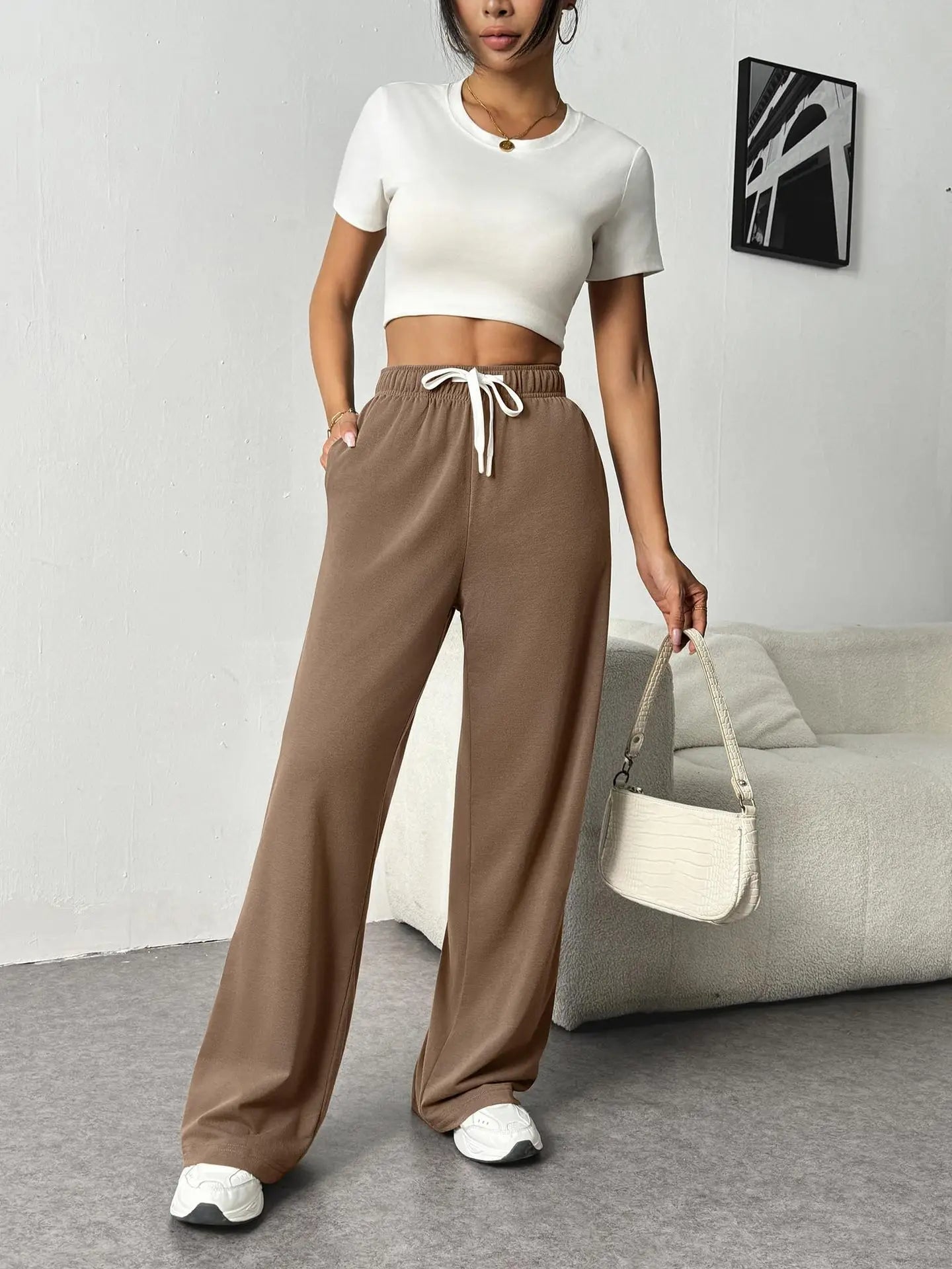 Casual Wide Leg Sports Pants for Women Casual Straight Leg Loose Solid Color Elastic Drawstring High Waisted Wide Leg Pants