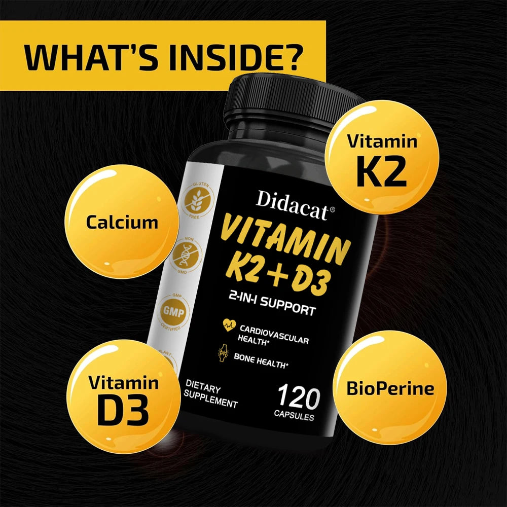 Didacat Vitamin D3+K2 Capsules, Support Calcium Absorption Bone Teeth Heart Brain Health Joints Immune Function