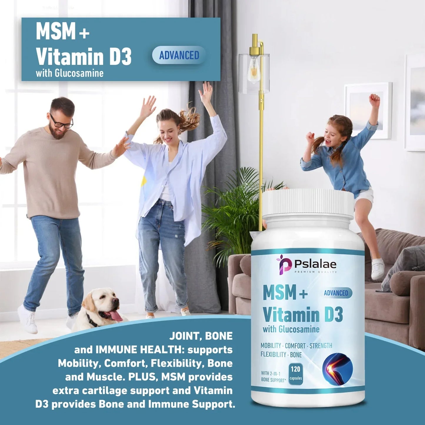 MSM + Vitamin D3 with Glucosamine - Joint Care, Supports Comfort and Flexibility, Strengthens Bones, Non-GMO
