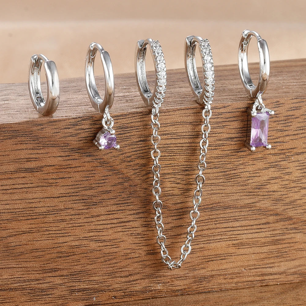 4PCS Exquisite Stainless Steel Long Chain Pendant Earrings Set for Woman Little Huggies Hoop Earrings Cartilage Piercing Jewelry silver-purple-4pcs