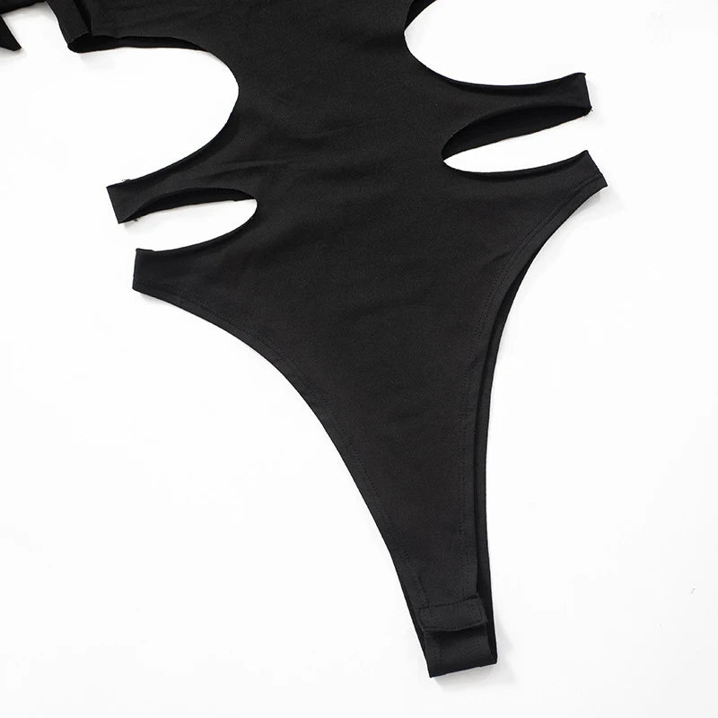 OMSJ Asymmetric Hot Girl Personality Set Hollowed Out Design Long Sleeve High Collar Bodysuit+Elastic Waist Leggings Pants Party