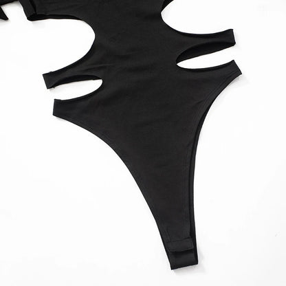 OMSJ Asymmetric Hot Girl Personality Set Hollowed Out Design Long Sleeve High Collar Bodysuit+Elastic Waist Leggings Pants Party