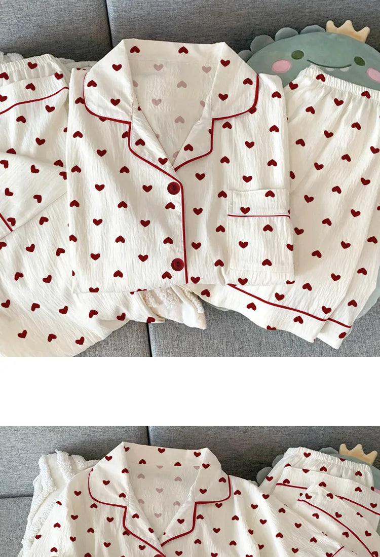 Women Summer Pajamas Three-piece Set Leisure Sleepwear Short Sleeve Lapel Sweet Heart Print Homewear Female Loose Loungewear