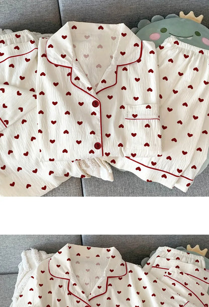 Women Summer Pajamas Three-piece Set Leisure Sleepwear Short Sleeve Lapel Sweet Heart Print Homewear Female Loose Loungewear