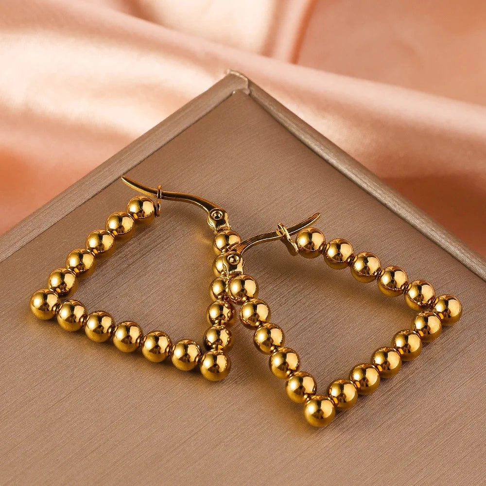 Stainless Steel Women's Hoop Earrings, Non Fading Fashionable Gold Color Metal Bead Earrings, Classic Jewelry Accessories