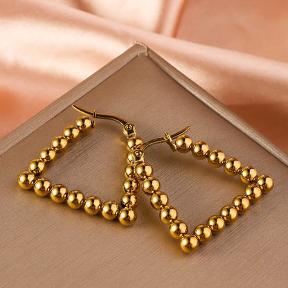 Stainless Steel Women's Hoop Earrings, Non Fading Fashionable Gold Color Metal Bead Earrings, Classic Jewelry Accessories