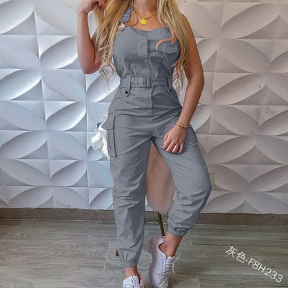 Autumn Women's Clothing Bodysuit Jumpsuit 2023 Simple Zipper Cargo High Waisted Conjoined Body Pants Sleeveless Strap Trousers