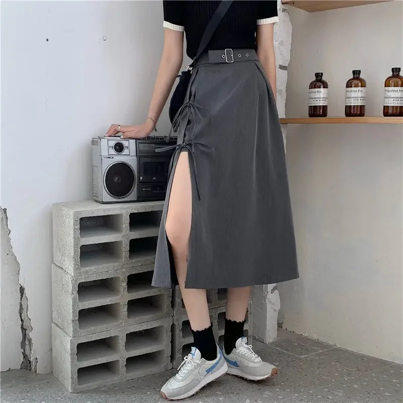 Vintage Dark Gothic High Split Mid-Calf Skirts Women Elegant Fashion Party Club High Waist Femme Bottom Streetwear Goth Skirt 9515-2HUS