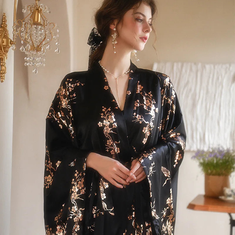 Luxury Burgundy Kimono Robe Women Wedding Bride Bathrobe Sexy Bronzing Flower Morning Dressing Gown Elegant Sleepwear Nightgown black