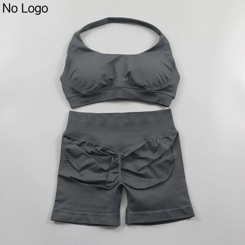 Fitness Shorts Sets Seamless Yoga Set Women 2Pcs Halter Sports Bra Scrunch Butt Gym Shorts Set Workout Clothes Summer Sportswear Badiee Stylez