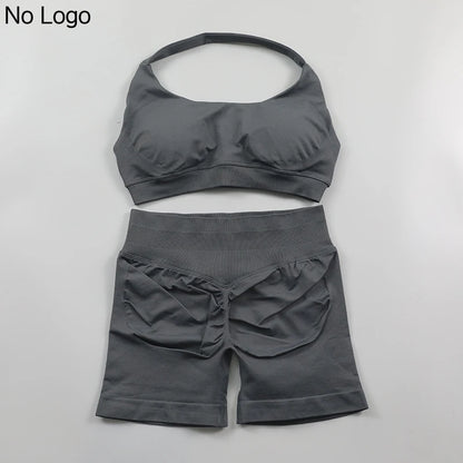 Fitness Shorts Sets Seamless Yoga Set Women 2Pcs Halter Sports Bra Scrunch Butt Gym Shorts Set Workout Clothes Summer Sportswear Badiee Stylez