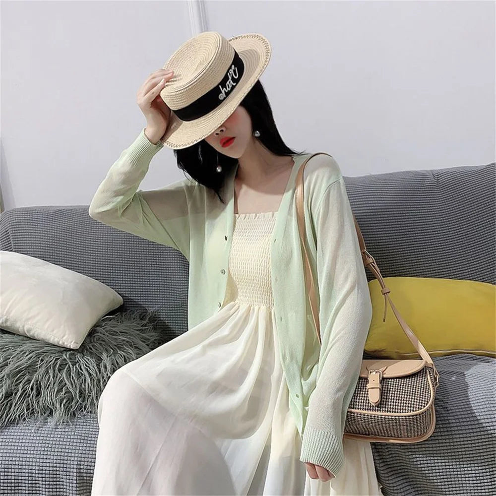 Spring Summer Comfortable Casual Blouses white knitted cardigan 2024 Women's Clothing Solid V-neck Elegant Fashion Button Loose