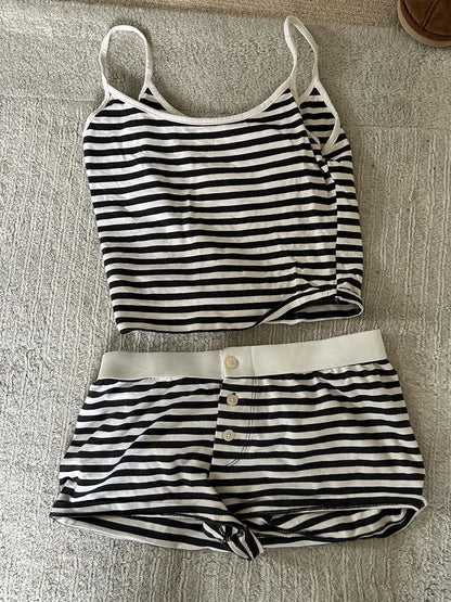 Blue Striped Tank Shorts Pajama Set Women Summer Sleeveless Crop Top+Elastic Waist Straight Short Pant Cotton Home 2 Piece Sets Black striped set One Size