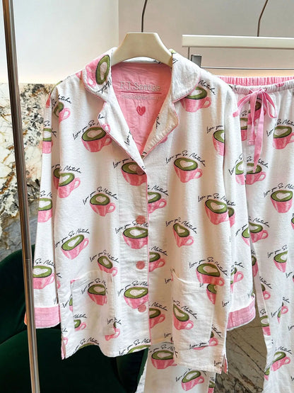 Women's Print Cotton Pajama Set Long Sleeve Autumn Winter Ladies Sleepwear 2 Pcs with Pant Single Breasted Pijama Suit Female