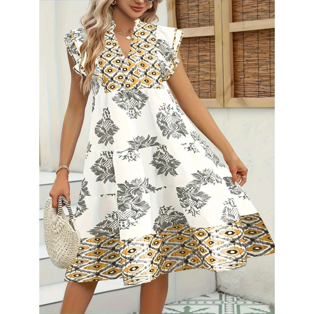 Plus Size Fashion Women's Elegant V-Neck Floral Print Dress Lightweight Long Sleeveless Summer Dress