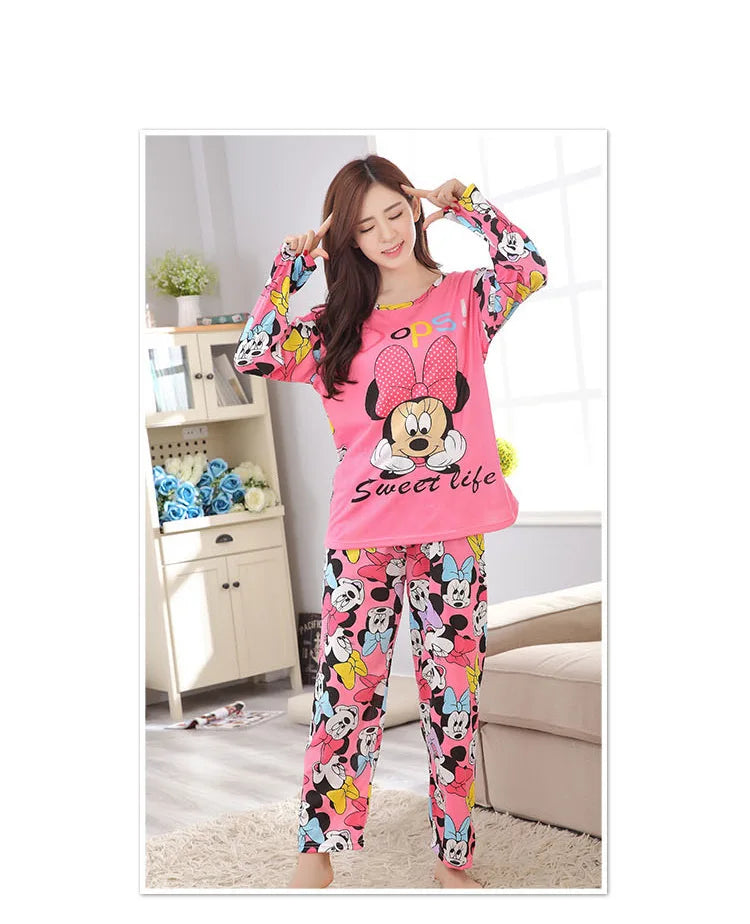 Spring And Autumn Long Sleeve+Long Pants Two Piece Pajama Set For Women Cartoon Cute Mickey Home Clothes Set