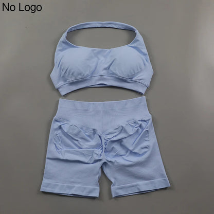 Fitness Shorts Sets Seamless Yoga Set Women 2Pcs Halter Sports Bra Scrunch Butt Gym Shorts Set Workout Clothes Summer Sportswear Badiee Stylez