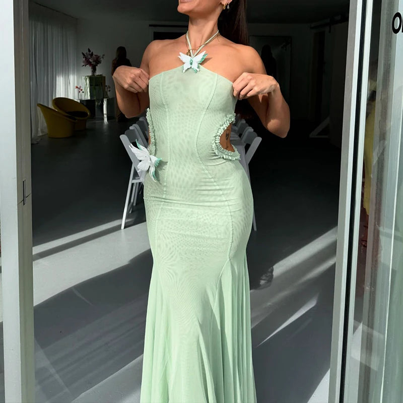 WhereMery Sexy Off Shoulder Butterfly Appliques Halter Maxi Dress 2025 Summer Women Trend See Through Hollow Out Beach Vestidos