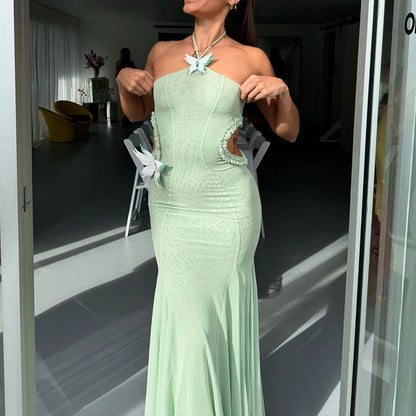 WhereMery Sexy Off Shoulder Butterfly Appliques Halter Maxi Dress 2025 Summer Women Trend See Through Hollow Out Beach Vestidos