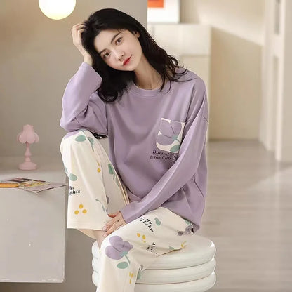Women's Long Sleeve Long Pants Comfortable Pajamas Loungewear Women's Spring and Autumn New Plus Size Korean Loungewear Set K03Purple