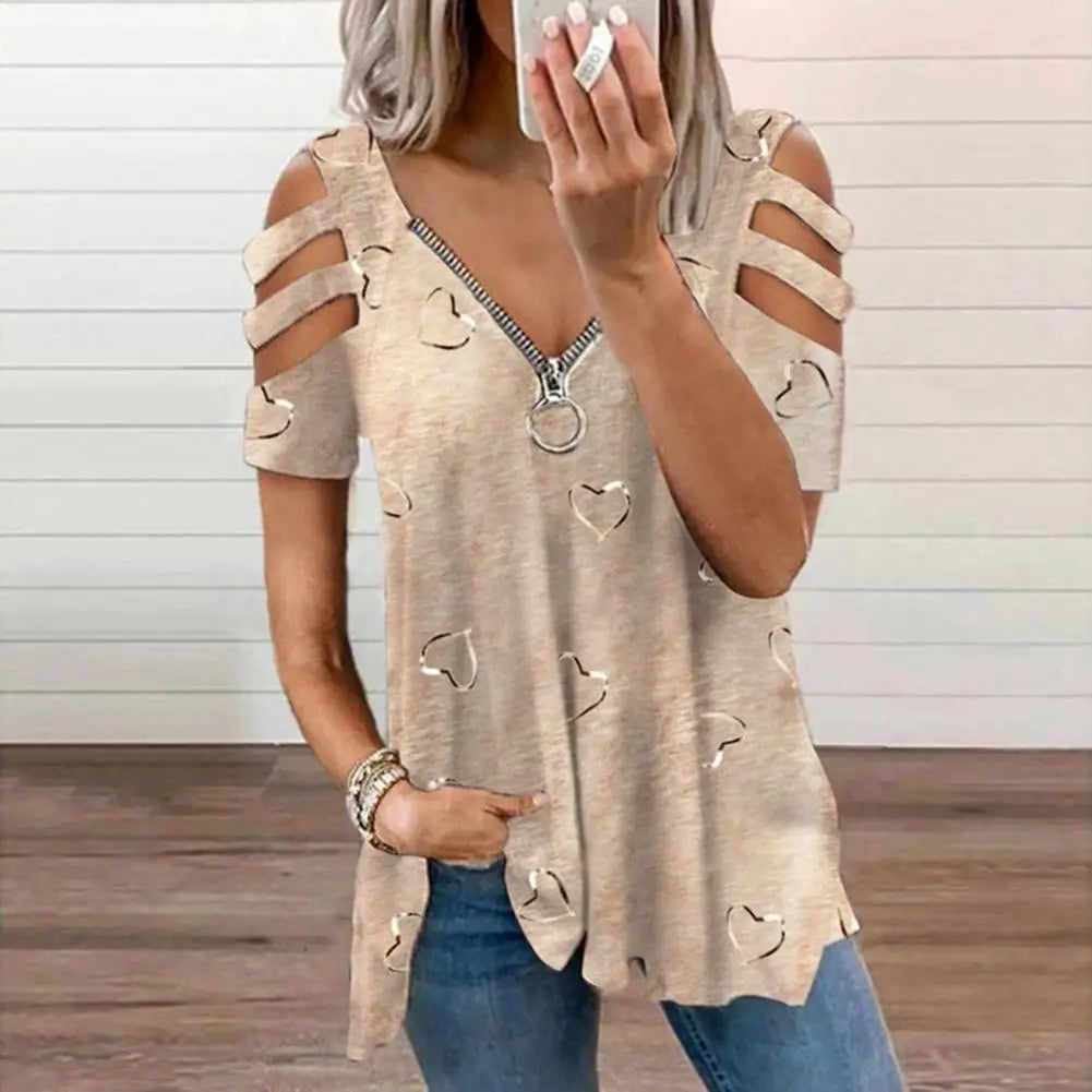 Women Summer Top V Neck Low-cut Hollow Out Short Sleeves T-shirt Match Pants Loose Plus Size Women Blouse Women Clothes