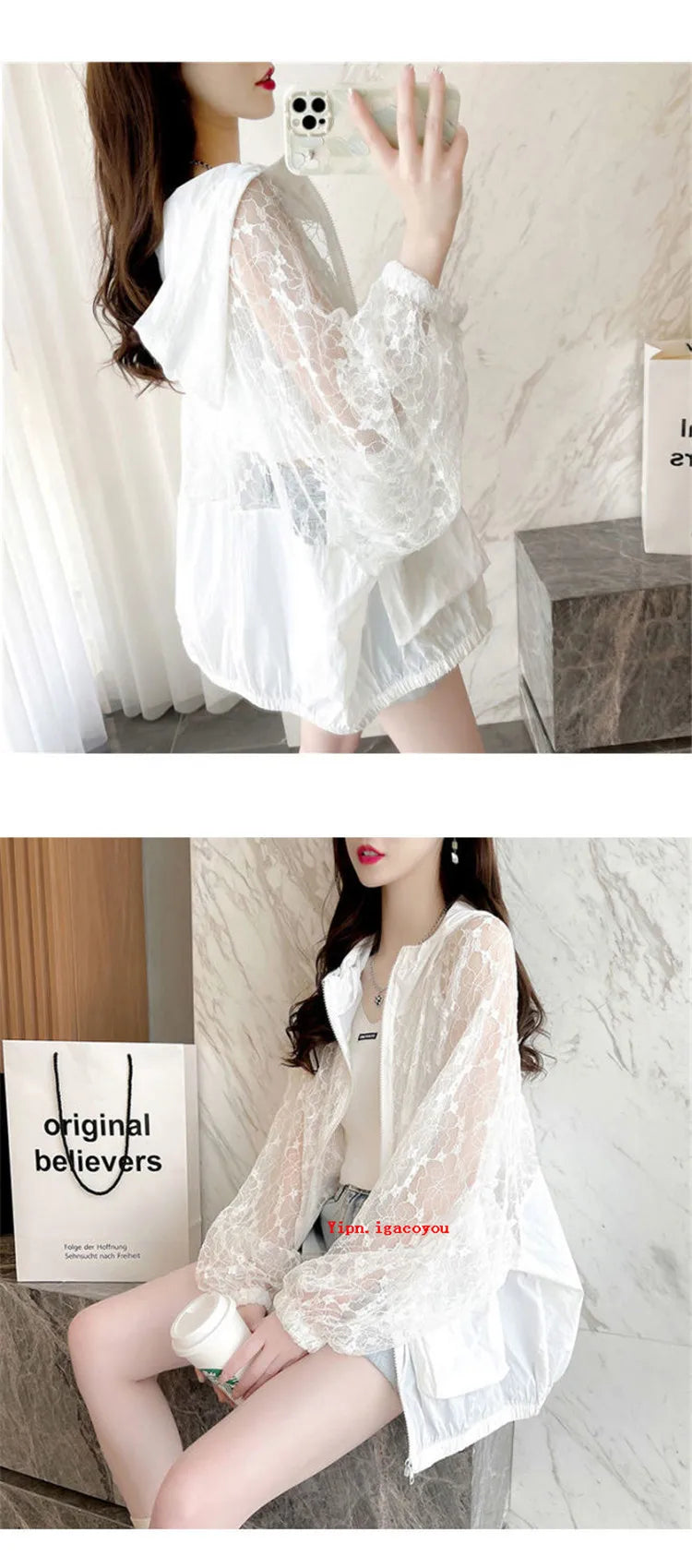 Fashion Lace Hollow Sun-Protective Clothes Women Hooded Coat New Summer Long Sleeve Cardigan Jacket Female Loose Outerwear G2498