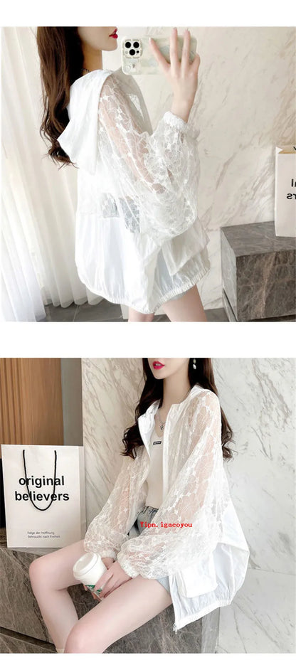 Fashion Lace Hollow Sun-Protective Clothes Women Hooded Coat New Summer Long Sleeve Cardigan Jacket Female Loose Outerwear G2498