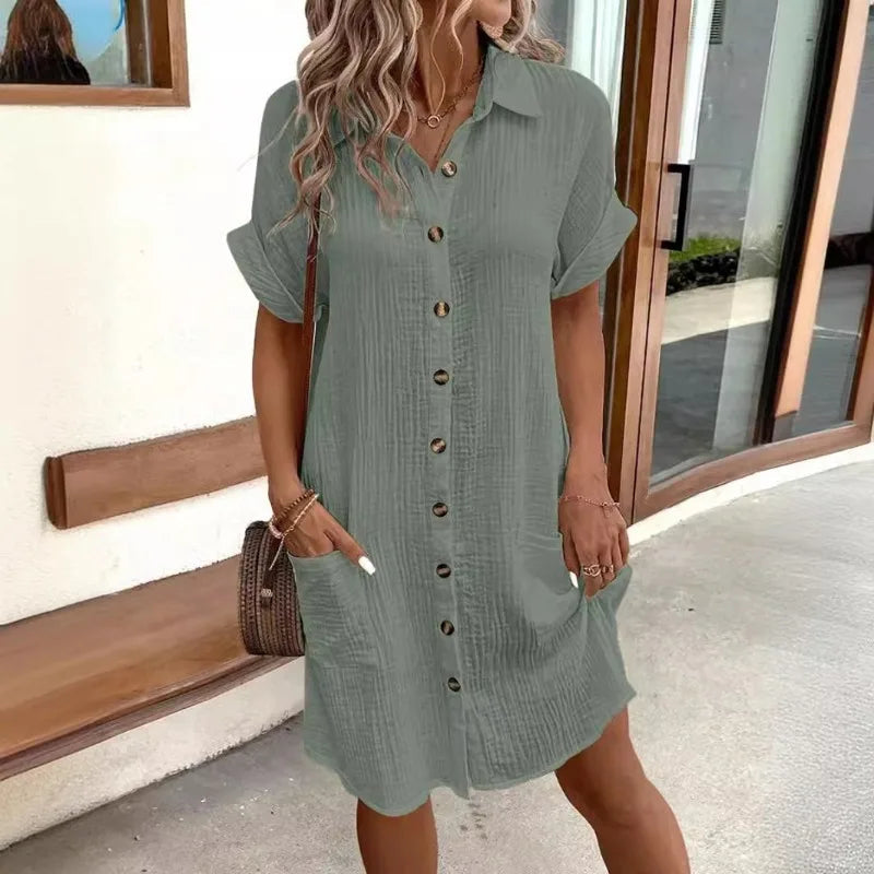 Women's Fashion Summer Minimalist V-neck Button Up Dress Woman Cotton Linen White Short Sleeved Pocket Casual Loose Shirt Dress Badiee Stylez