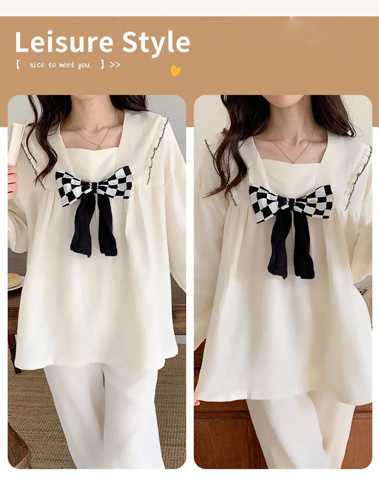 Spring and Autumn New Women's Pajamas Homewear Suit Female Court Style Doll Collar Japanese Girl Plaid Autumn and Winter Homewea