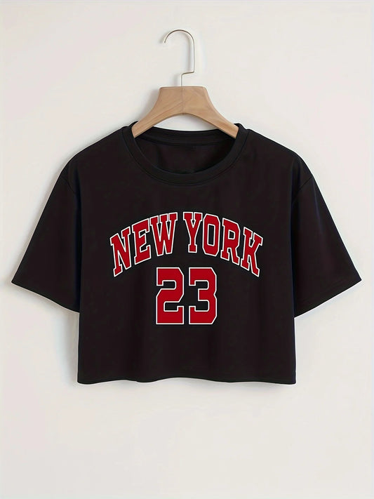 New York Letter Print Crop T-shirt, Casual Crew Neck Short Sleeve Top, Women's Clothing