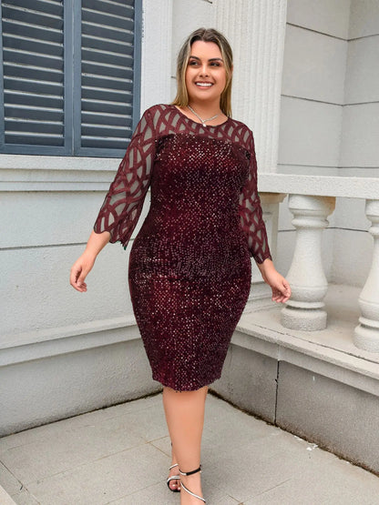 Party Dress Plus Size Ladies Midi Sequin Mesh Long Sleeve Lace Elegant Bodycon L-4XL 5XL Evening Dresses Woman Summer