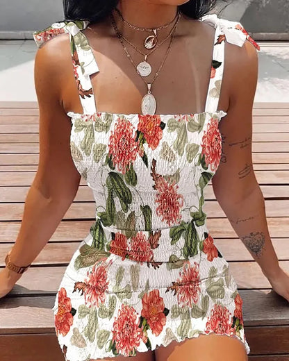 Women Elastic Waist Pleated Dress Summer Sleeveless Off The Shoulder Floral Print Bodycon Party Dresses SZE-1930 White chrysan