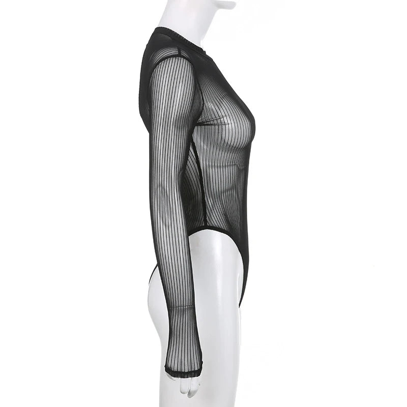 See Through Bodysuit Backless Hollow Out Transparent Club Jumpsuits Women Solid Black Tee Summer Elegant Sexy Streetwear