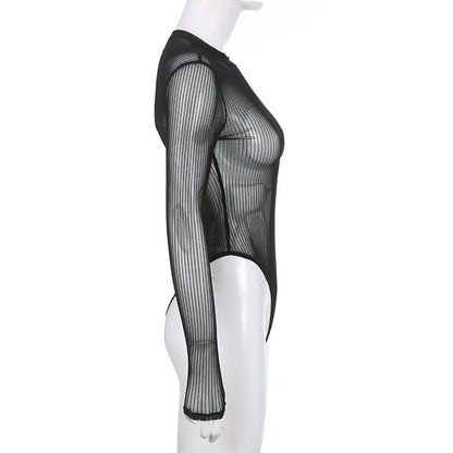 See Through Bodysuit Backless Hollow Out Transparent Club Jumpsuits Women Solid Black Tee Summer Elegant Sexy Streetwear