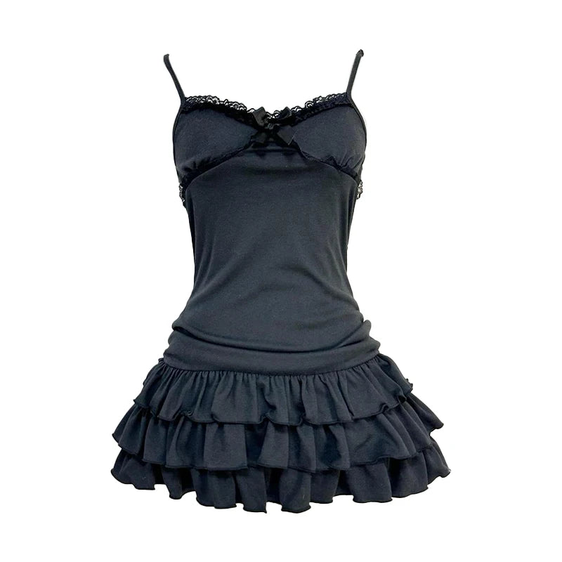 Harajuku Women Casual Chic Dress Sexy Slim Fit Chic Solid Color Bowknot Design Suspender Mini Dresses Y2K Gothic Rock Streetwear MULTI