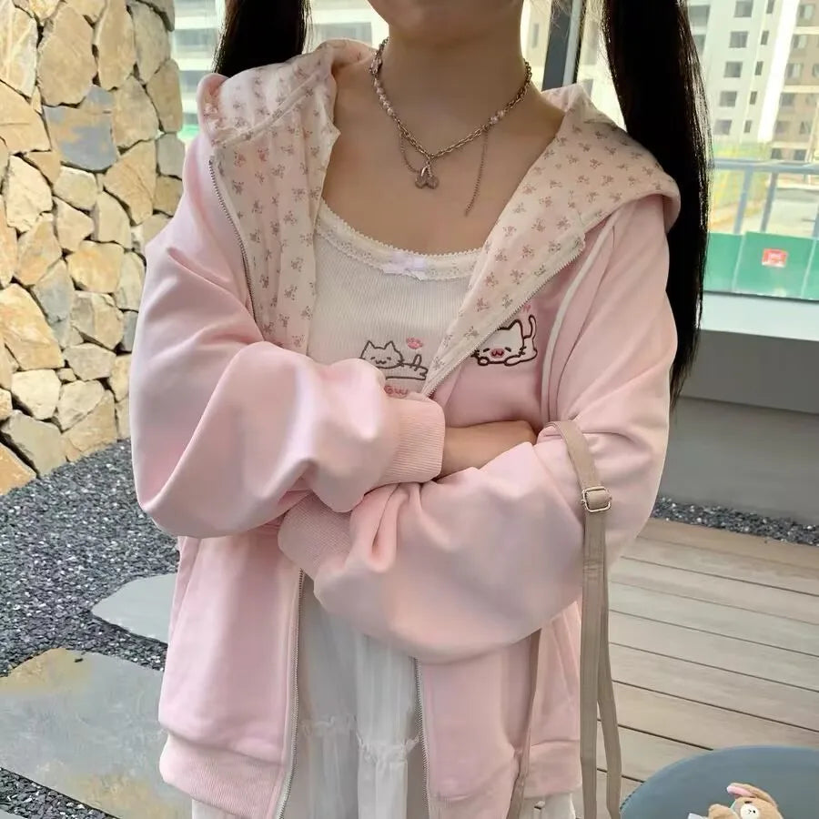 Harajuku Korean Kawaii Hooded Coat Women Thin Long Sleeve Zipper Cardigan Y2K Streetwear New Mid-length Loose Jackets