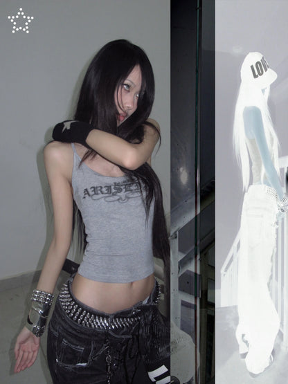 Karrcat Trashy 2000s Letter Print Tank Top Japanese Y2k Gray Camis Tops Grunge Aesthetics Sleeveless Crop Tops American Retro