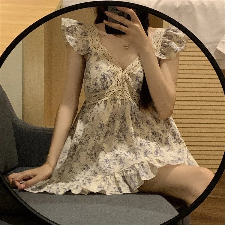 Sweet Princ Sle Women's Lace Nightgown Set with Chest Pad V-Ne ort Pants Summer Breathable Cotton Spwear