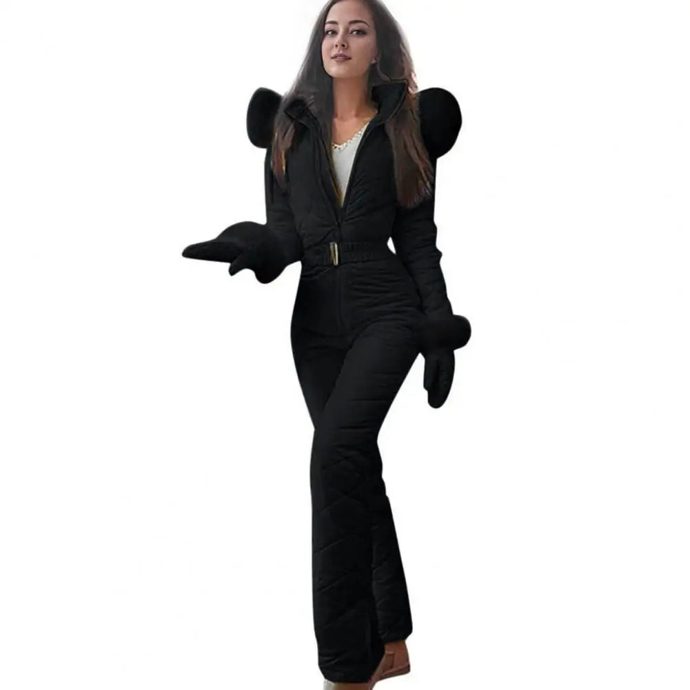 Women Winter Jumpsuit with Gloves Thickened Padded Snowsuit Hooded Windproof Outdoor Ski Outfit Ice Snow Warm Sports Jacket Badiee Stylez