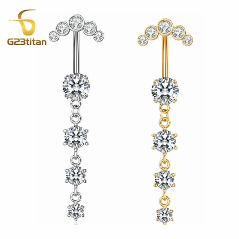 G23titan Long Zircon Pendant Dangle Belly Button Ring Surgical Titanium Navel Piercing Curved Barbell Anti allergic Body Jewelry Badiee Stylez