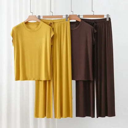 Modal Homewear set O-neck Tshirts short sleeves and Wide leg pants Loose sleepwear Casual streetwear suit all match