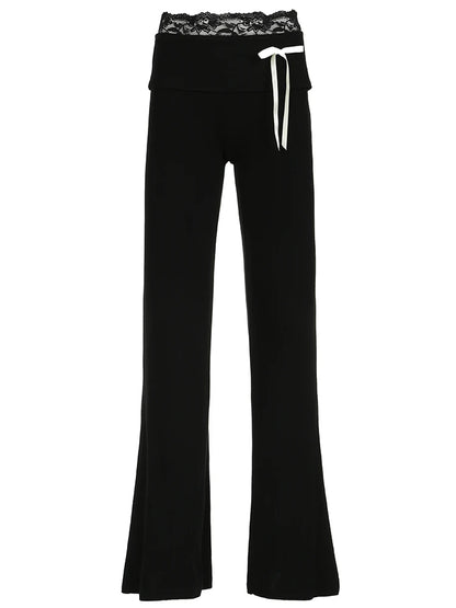 Cuteandpsycho Lace Patchwork Bow Straight Pants Y2K Fashion Aesthetic Cute Trousers Harajuku Streetwear Joggers 2000s Bottoms